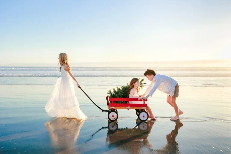 Children pushing red wagon with Christmas tree on the shore