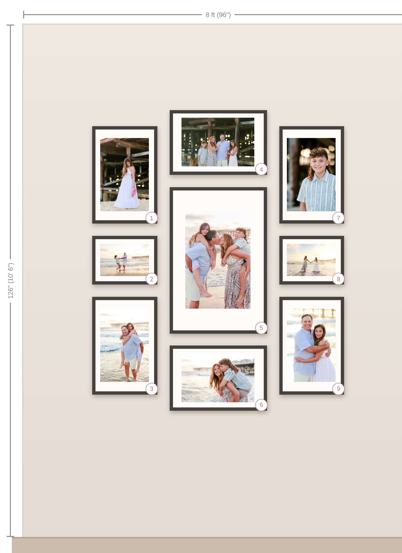 A nine-piece framed gallery wall designed true to size in the Amy Gray Wall Art Mock-Up
