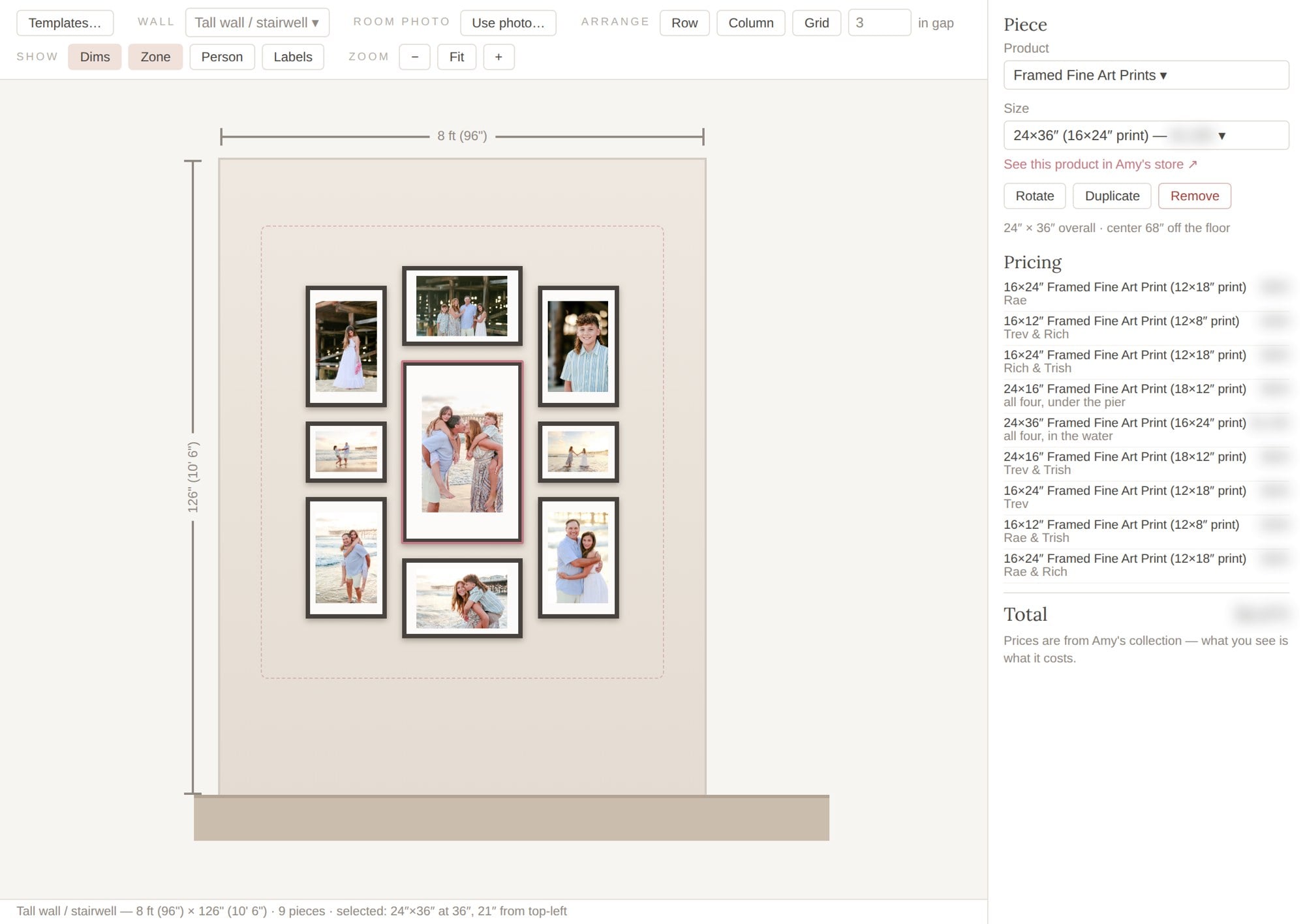 The Amy Gray Wall Art Mock-Up: a nine-piece gallery wall designed true to size, with live pricing