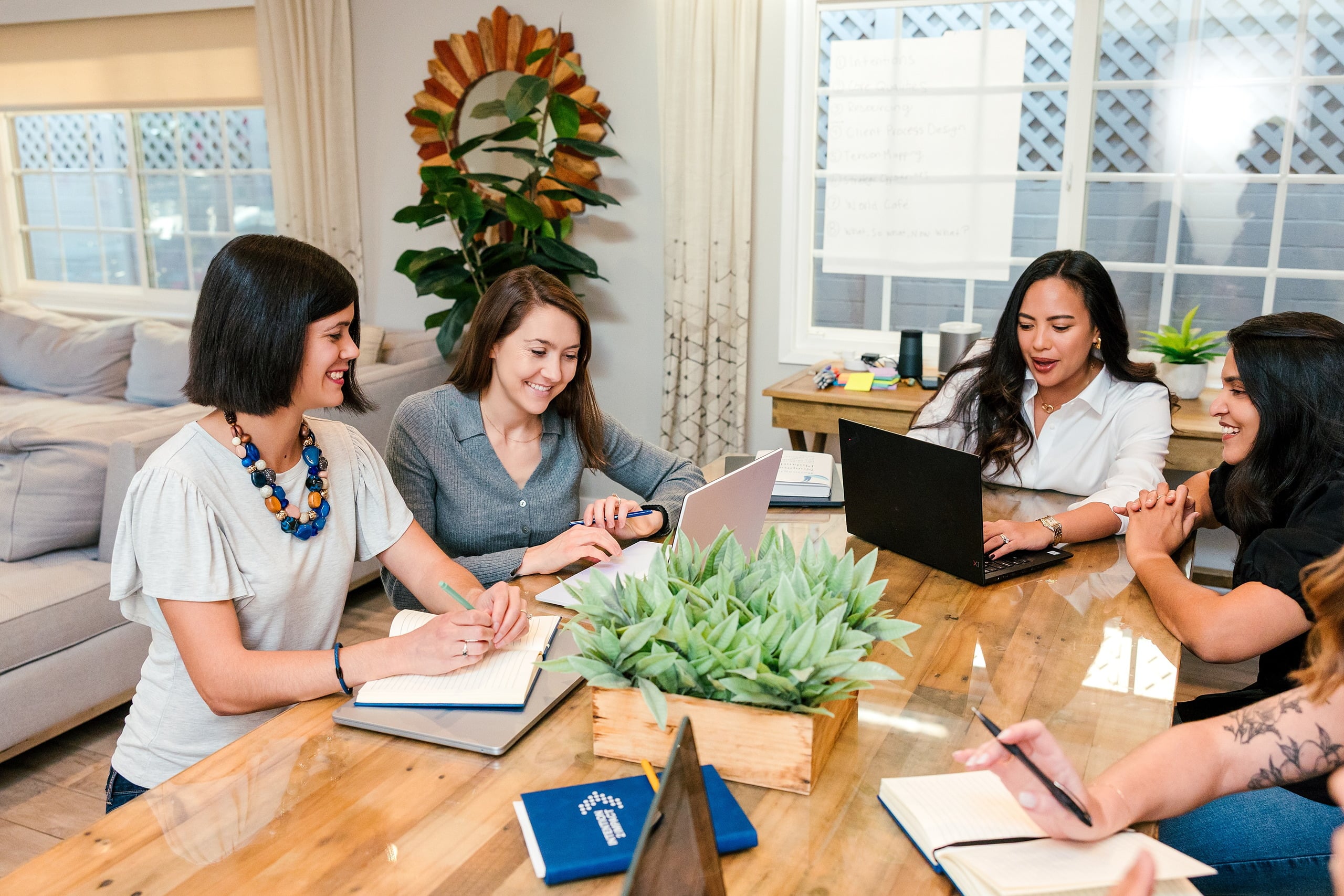 Capturing San Diego Spirit: Intention 2 Impact’s Team Retreat at Windansea — 08 Four women reviewing work on laptop at dining table with plants