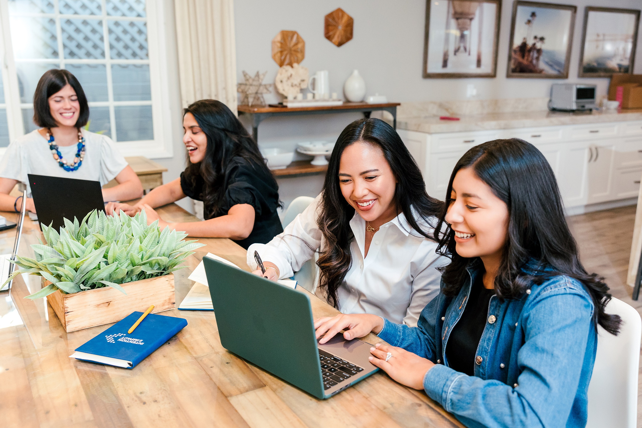 Capturing San Diego Spirit: Intention 2 Impact’s Team Retreat at Windansea — 10 Team gathered at white kitchen counter with fresh fruit and coffee