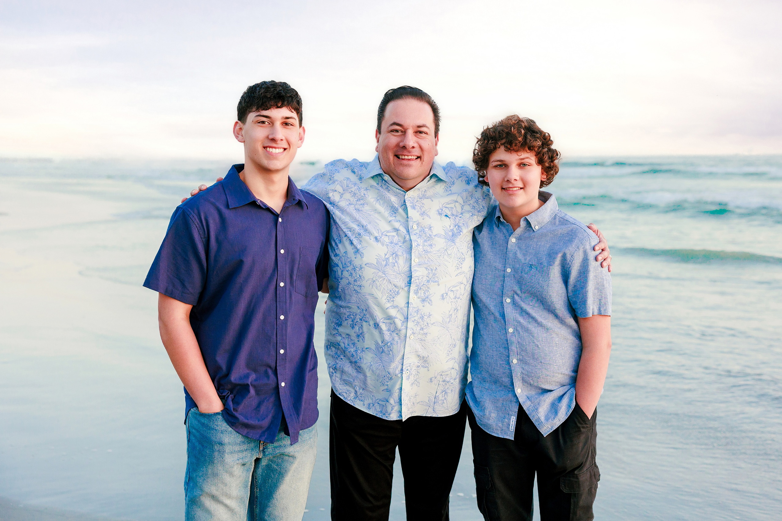 Coronado Beach Memories with the Sanchez Family — 24 Father with two teenage sons standing together on Coronado Beach at sunset