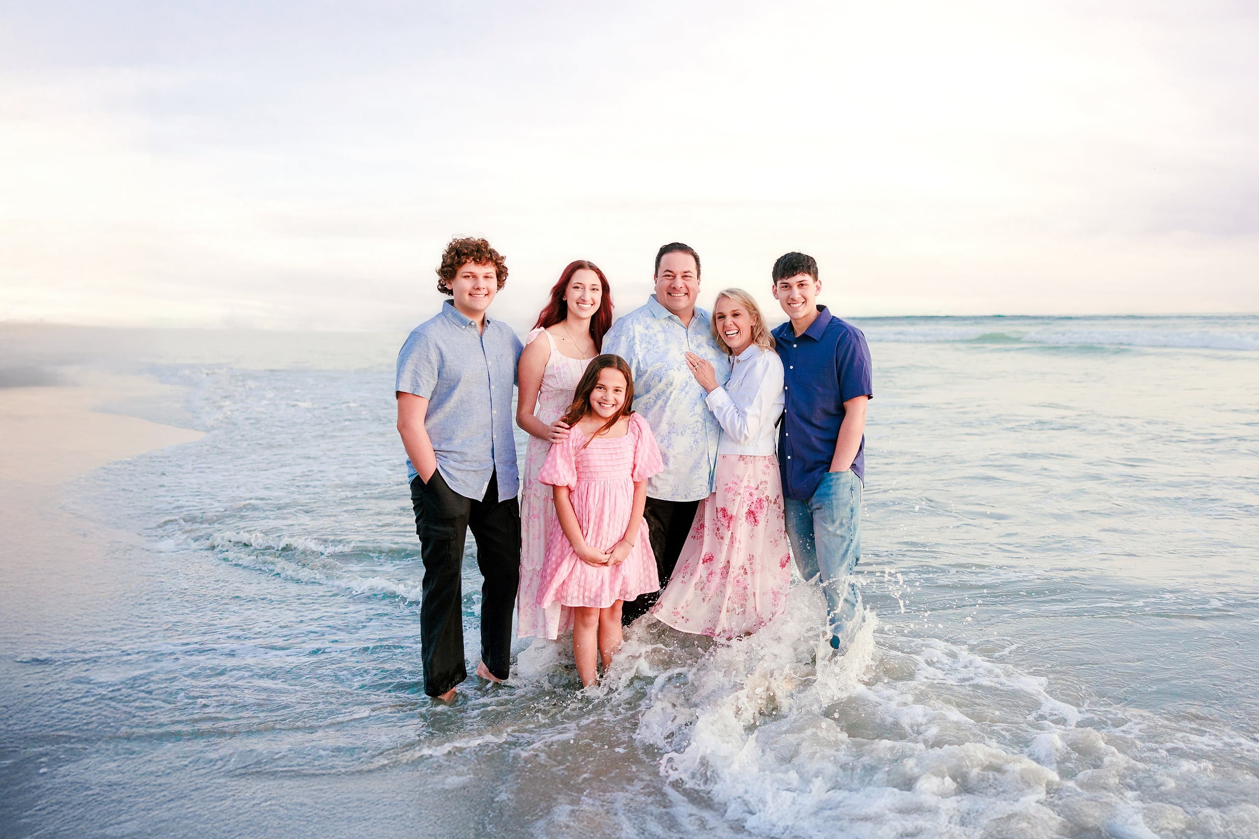 Coronado Beach Memories with the Sanchez Family — 29 Family of six with wave splashing around them on Coronado Beach