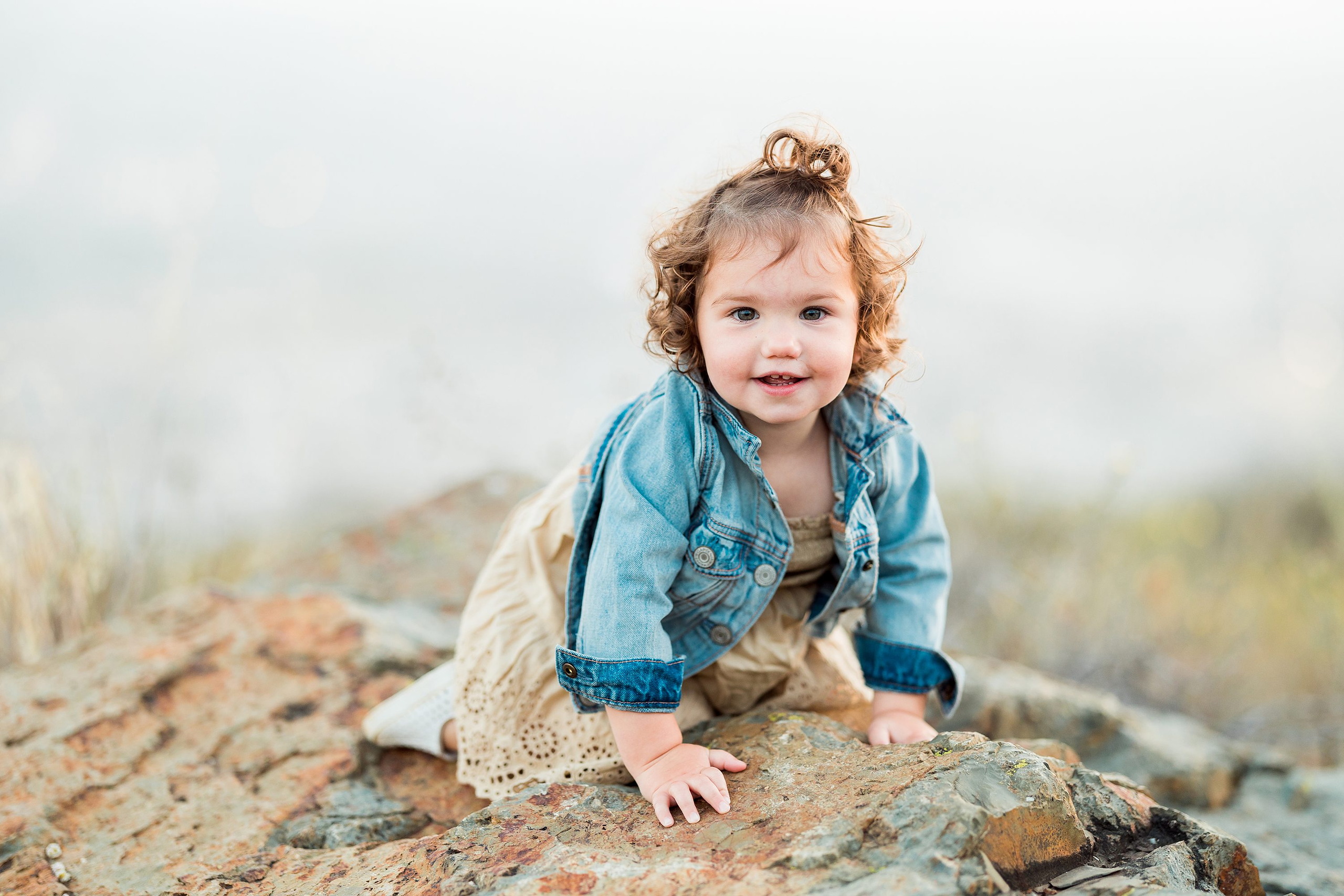 Dictionary Hill Nature Trails Family Photography in San Diego — 30 Young child crawling on rocky surface at Dictionary Hill trails