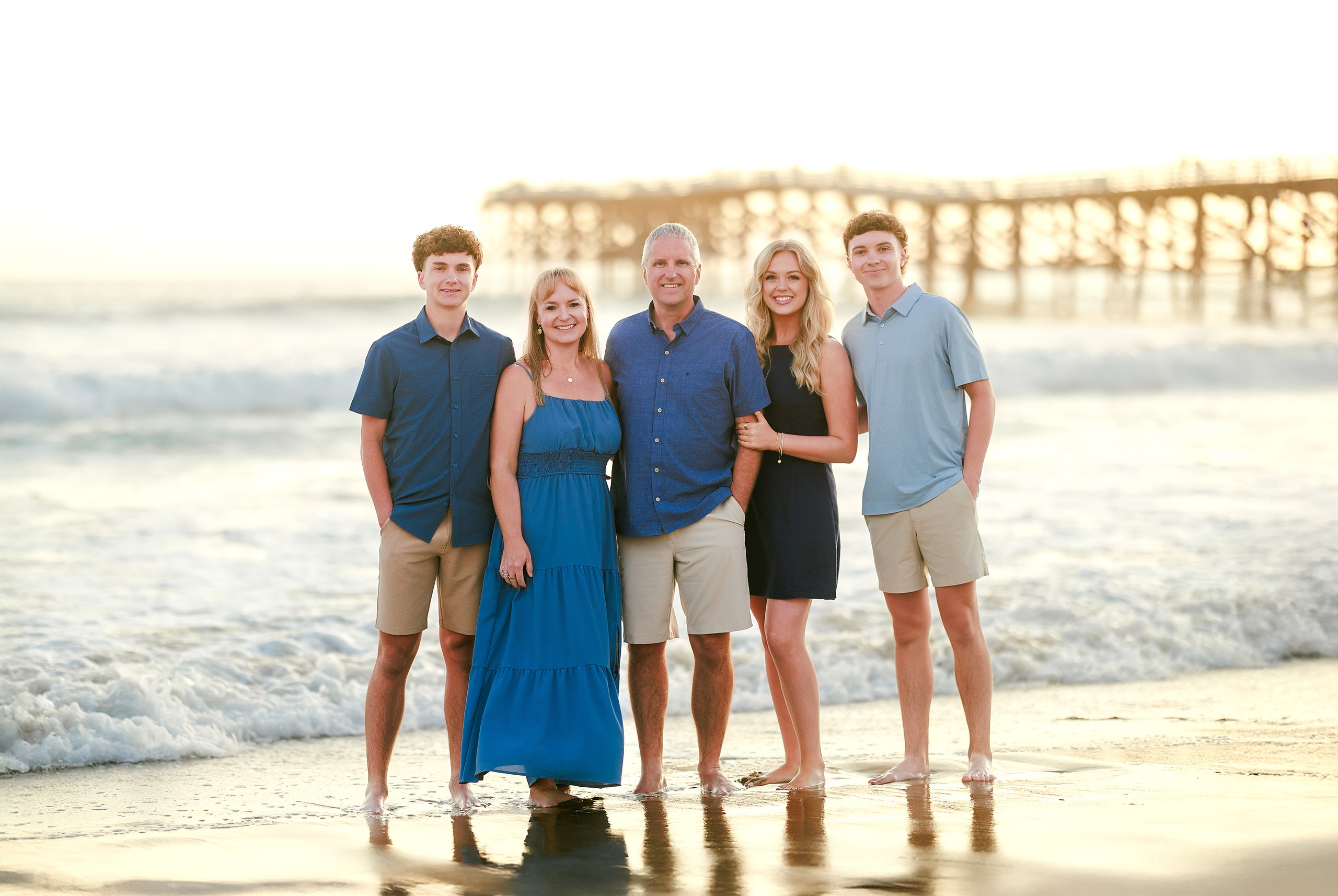 San Diego Beach Family Photos — 25 Family of five standing together on wet sand at shoreline