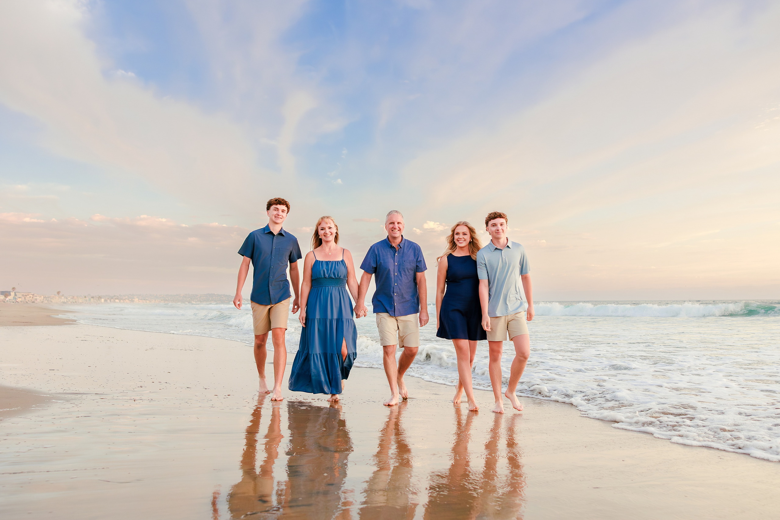 San Diego Beach Family Photos — 32 Family of five standing together on wet sand at water's edge