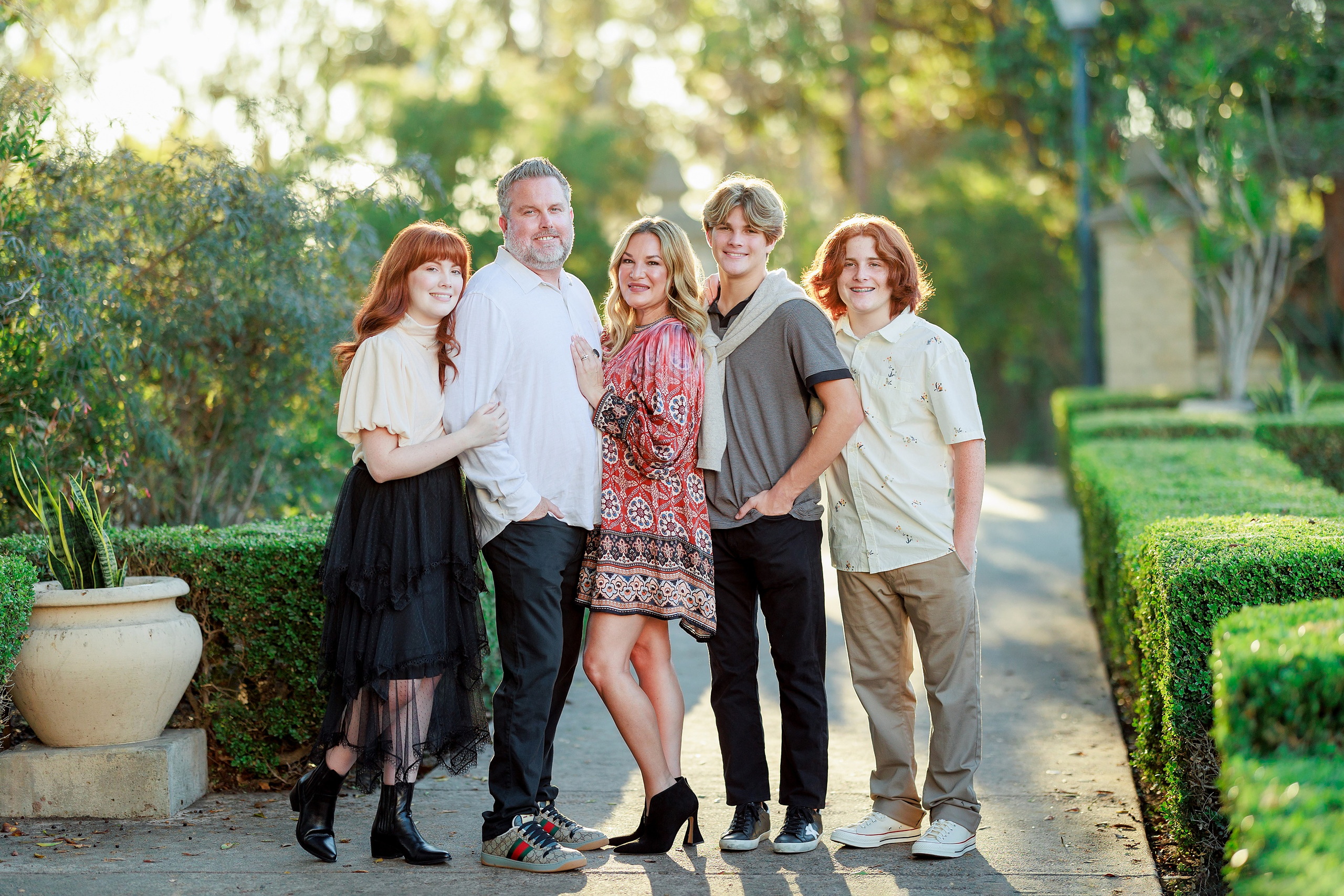 Six Years Later: Family Photos in Balboa Park — 21 Family of four in Alcazar Garden, Balboa Park, golden hour