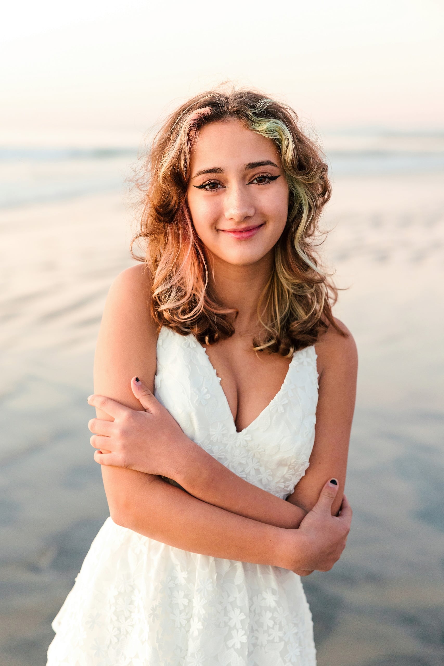 The Day the Sun Stood Still — 06 Teenage girl in white lace dress smiling at Del Mar beach at golden hour