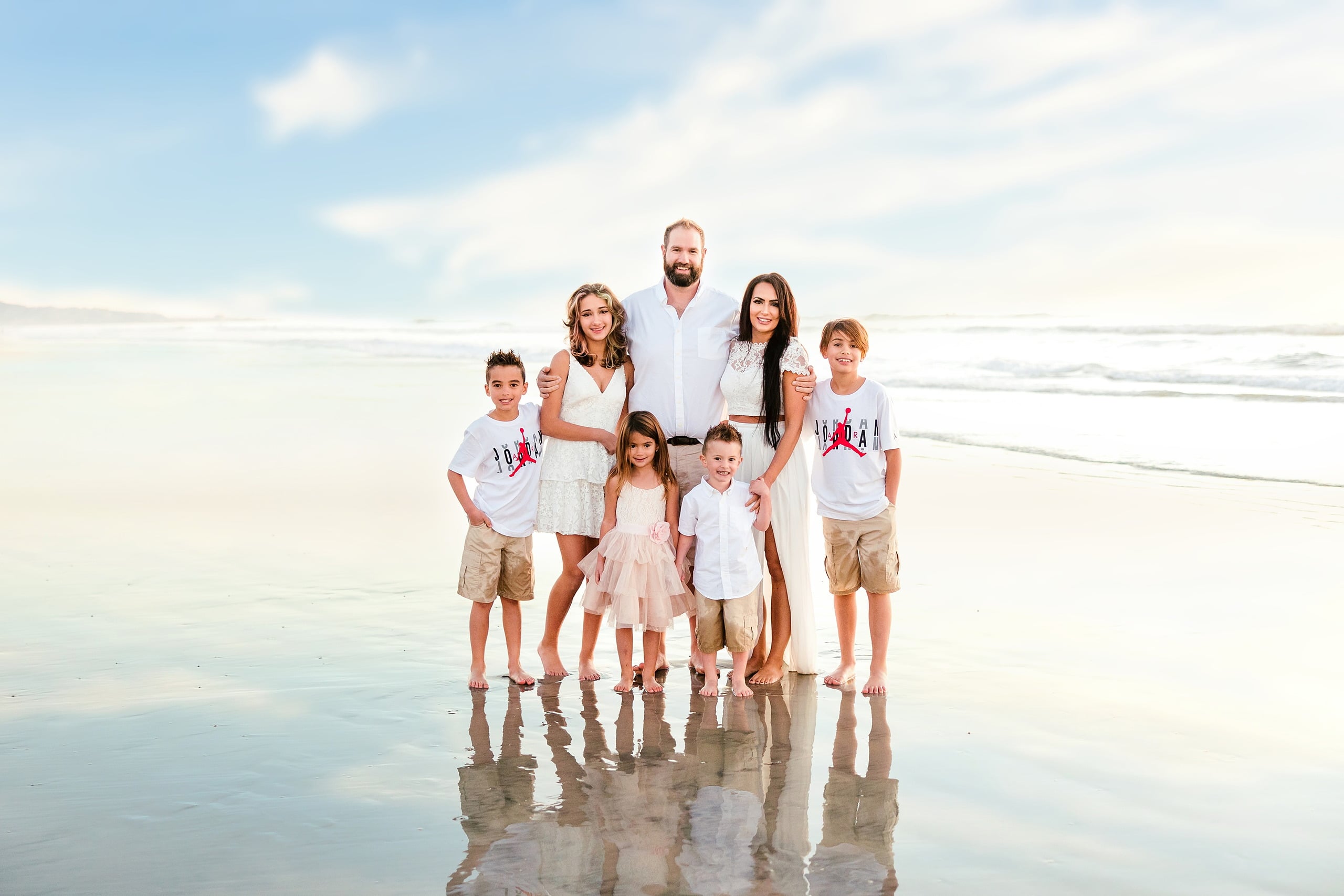 The Day the Sun Stood Still — 23 Family of seven standing together facing camera on wet beach sand at Del Mar
