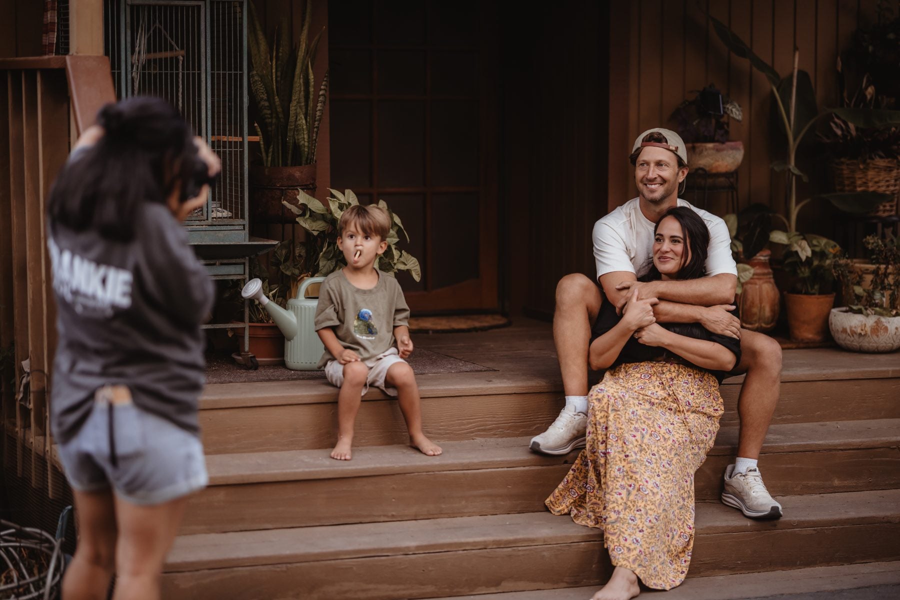 Family portrait session on porch steps in Lakeside, California