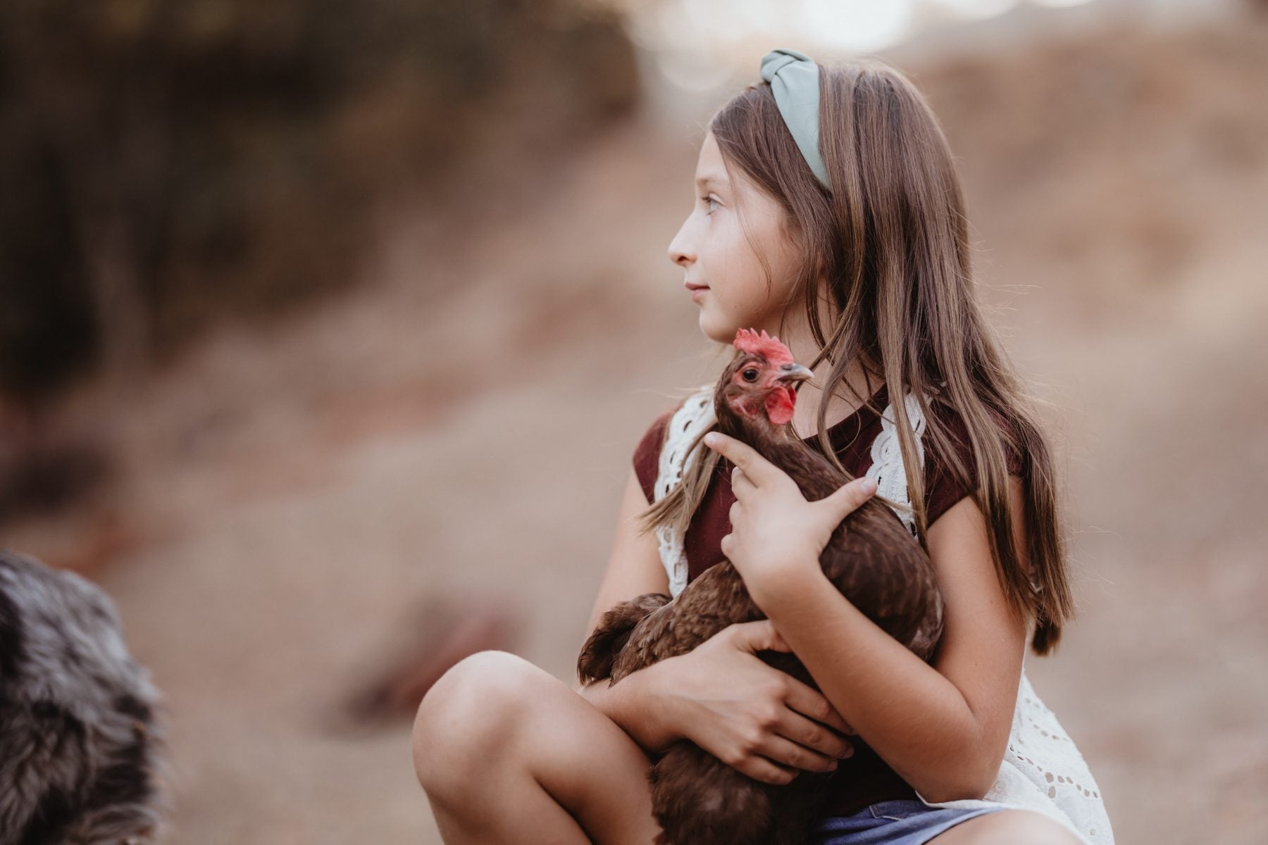 Girl wearing a headband cradles a chicken in her arms