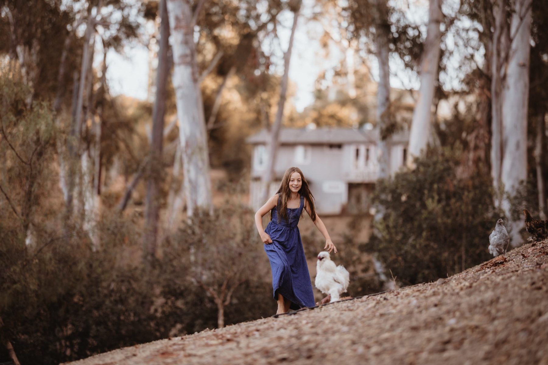 Girl in blue dress runs uphill with dogs near Lakeside home