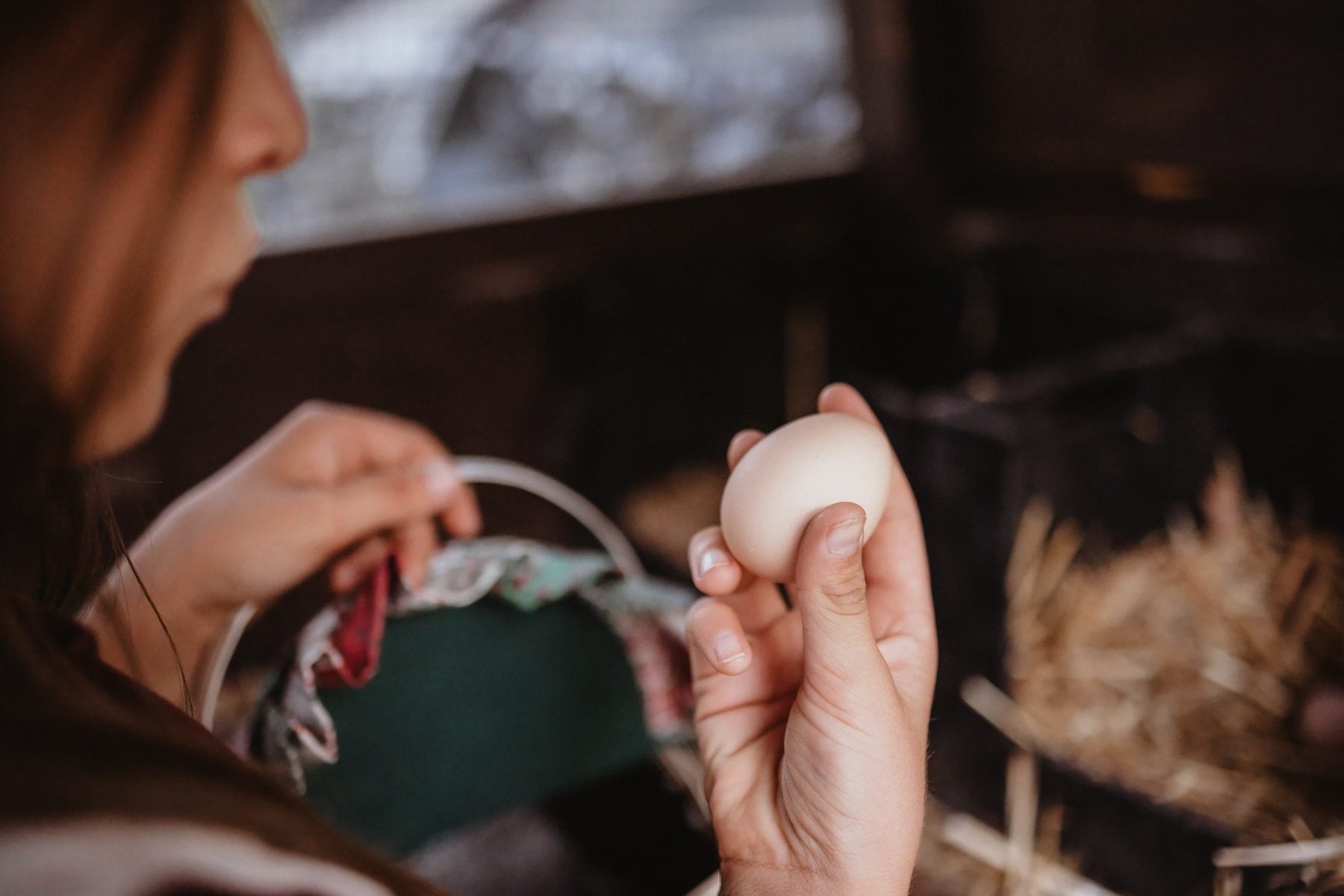 Woman gently holds a fresh egg near a woven basket